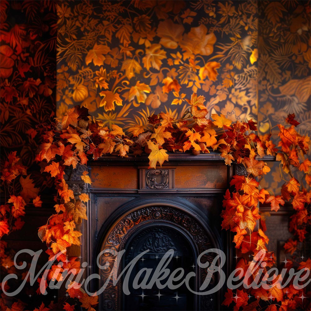 Kate Fall Maple Leaf Dark Brown Fireplace Retro Floral Wall Backdrop Designed by Mini MakeBelieve