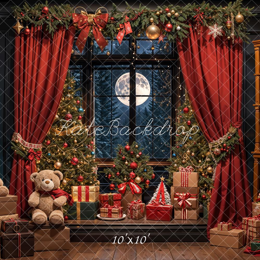 Kate Christmas Teddy Bear Red Curtain Black Framed Window Backdrop Designed by Emetselch