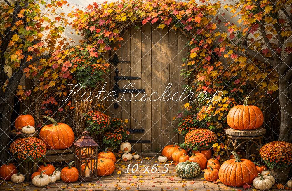 Kate Fall Pumpkin Maple Leaves Brown Wooden Arch Door Backdrop Designed by Emetselch