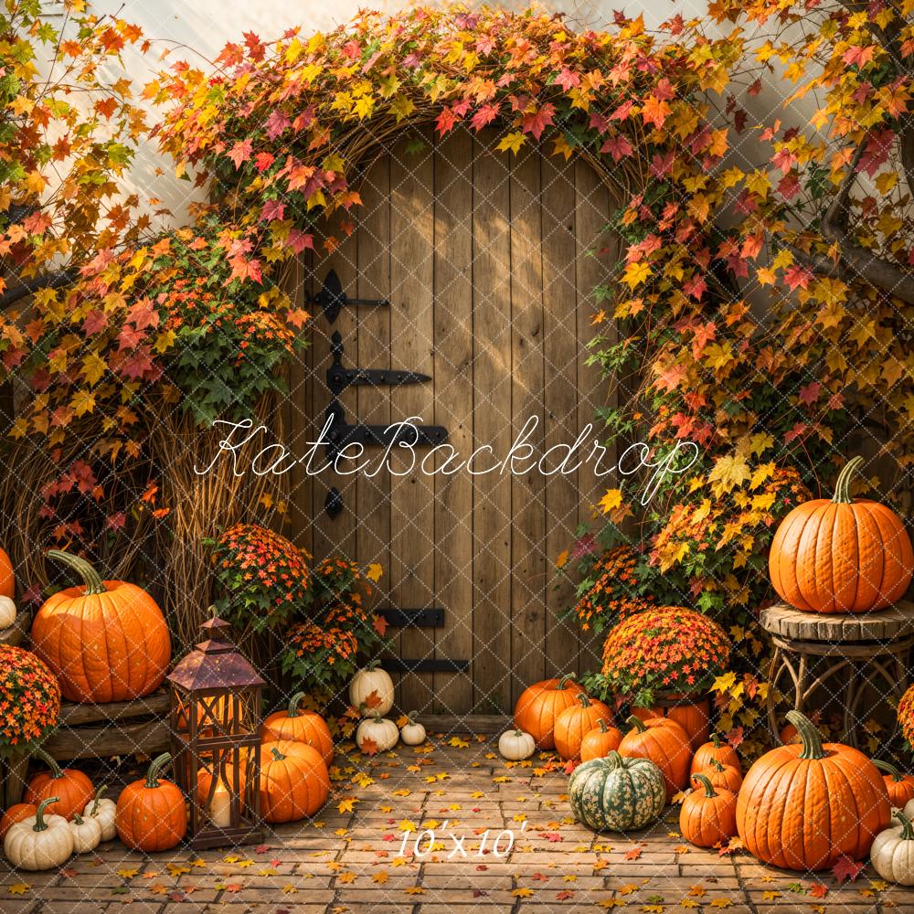Kate Fall Pumpkin Maple Leaves Brown Wooden Arch Door Backdrop Designed by Emetselch