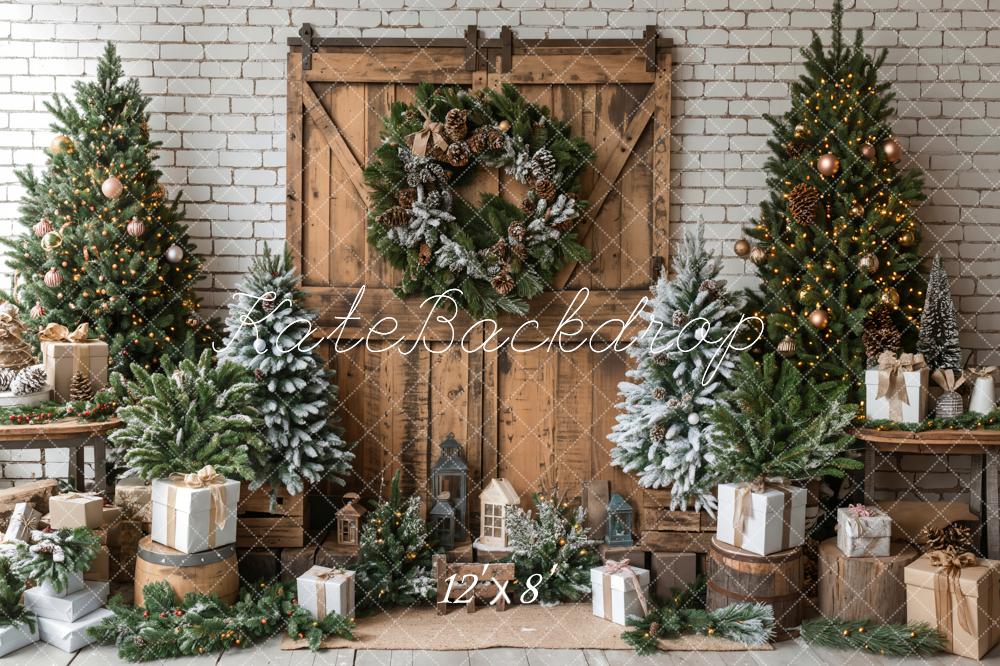 Kate Christmas Tree Brown Wooden Barn Door Backdrop Designed by Emetselch