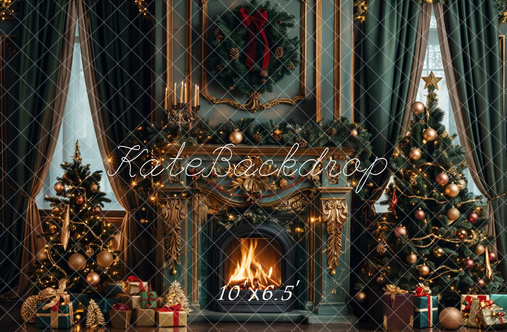 Kate Christmas Dark Green Retro Floral Fireplace Printed Backdrop Designed by Emetselch