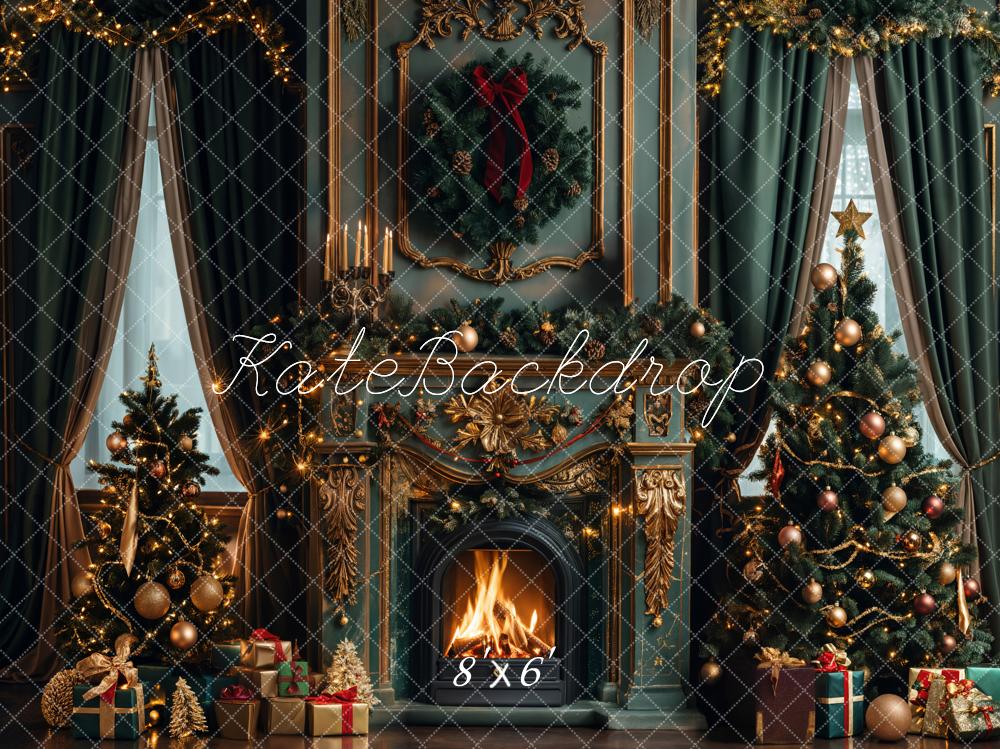 Kate Christmas Dark Green Retro Floral Fireplace Printed Backdrop Designed by Emetselch