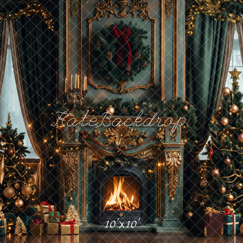 Kate Christmas Dark Green Retro Floral Fireplace Printed Backdrop Designed by Emetselch