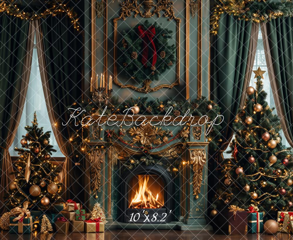 Kate Christmas Dark Green Retro Floral Fireplace Printed Backdrop Designed by Emetselch