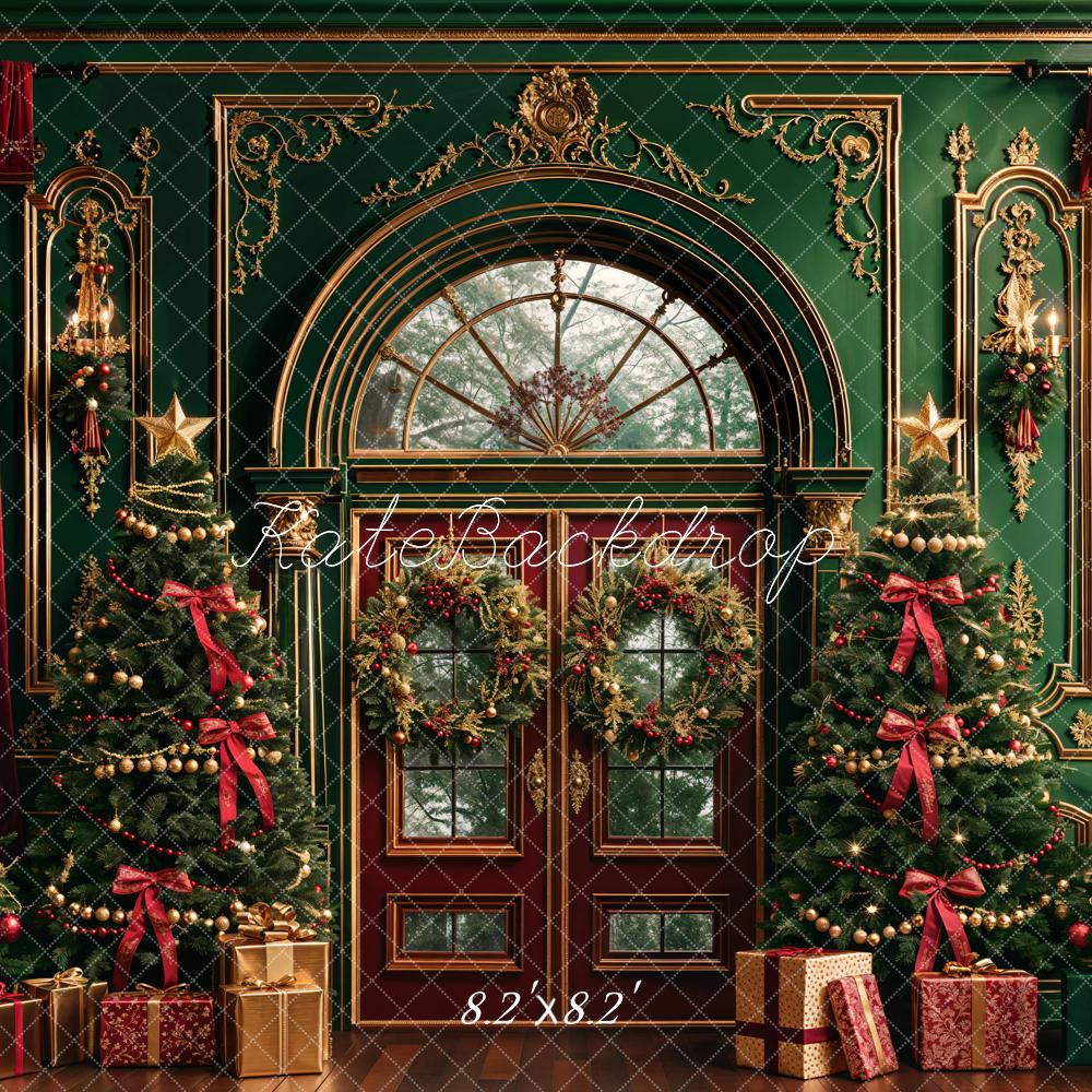 Kerst Donkergroene Vintage Bloemenboog Raamachtergrond Ontworpen door Emetselch