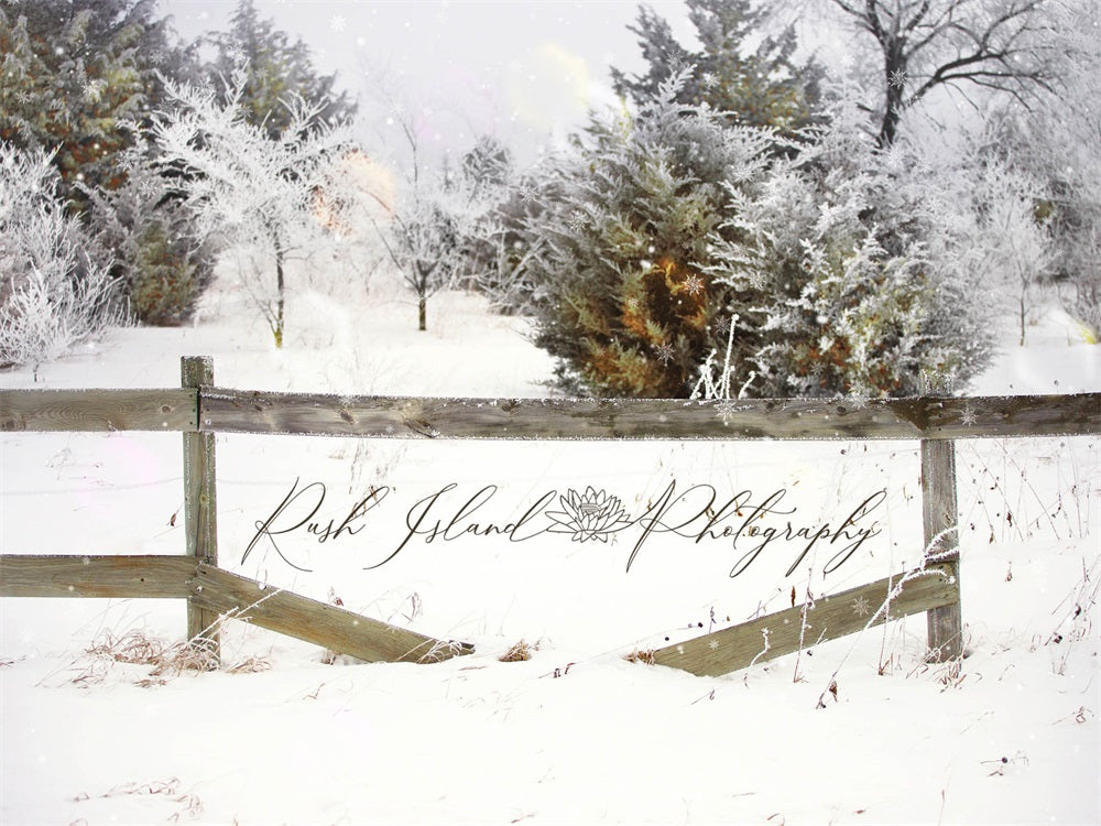 Winterbos met sneeuw en bruine omheining, ontworpen door Laura Bybee