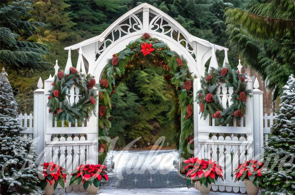 Kate Christmas Forest White Vintage Arched Gate Backdrop Designed by Mini MakeBelieve