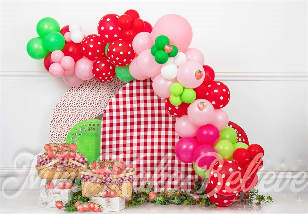 Kate Birthday Cake Smash Strawberry Balloon Backdrop Designed by Mini MakeBelieve