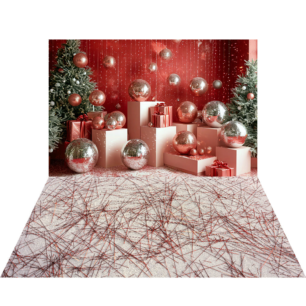 Kate Christmas Tree Retro Disco Silver Ball Red Wall Backdrop+Red Tinsel Floor Backdrop