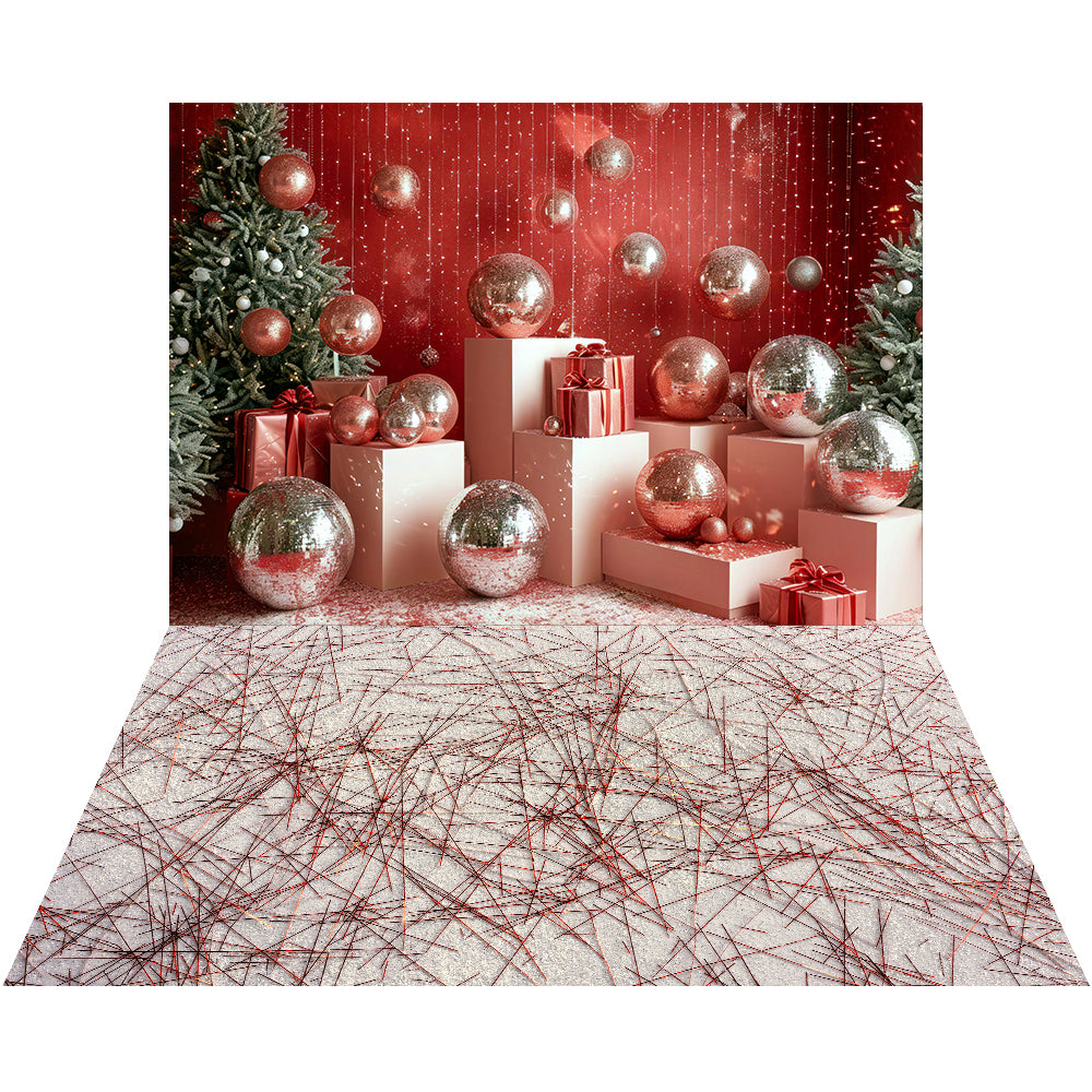 Kate Christmas Tree Retro Disco Silver Ball Red Wall Backdrop+Red Tinsel Floor Backdrop