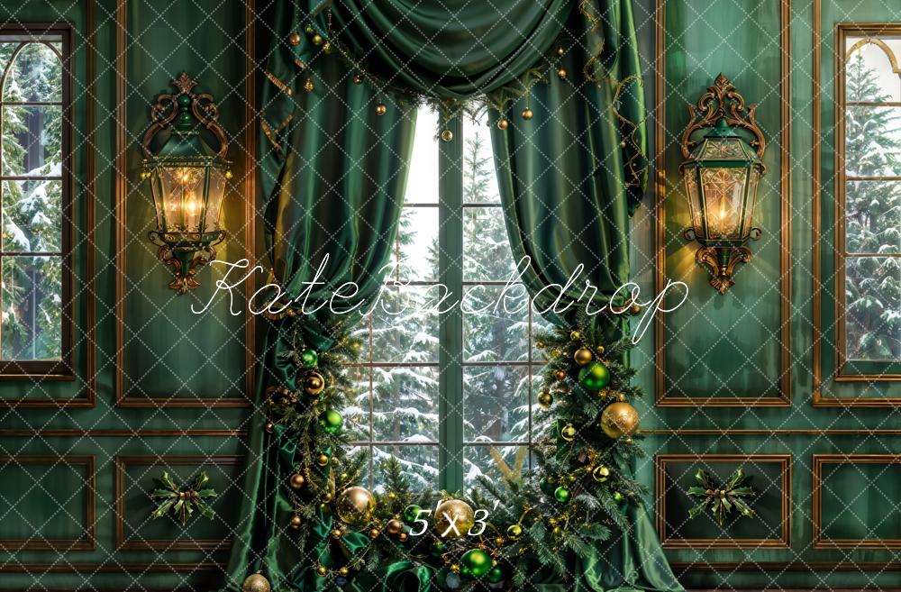 Kerst Donkergroene Gordijn Retro Foto Achtergrondmuur Ontworpen door Emetselch