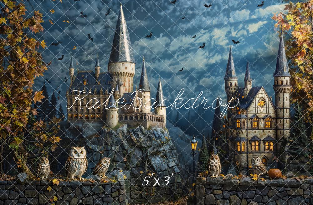 Kate Fall Halloween Owl Bat Retro Castle Backdrop Designed by Chain Photography