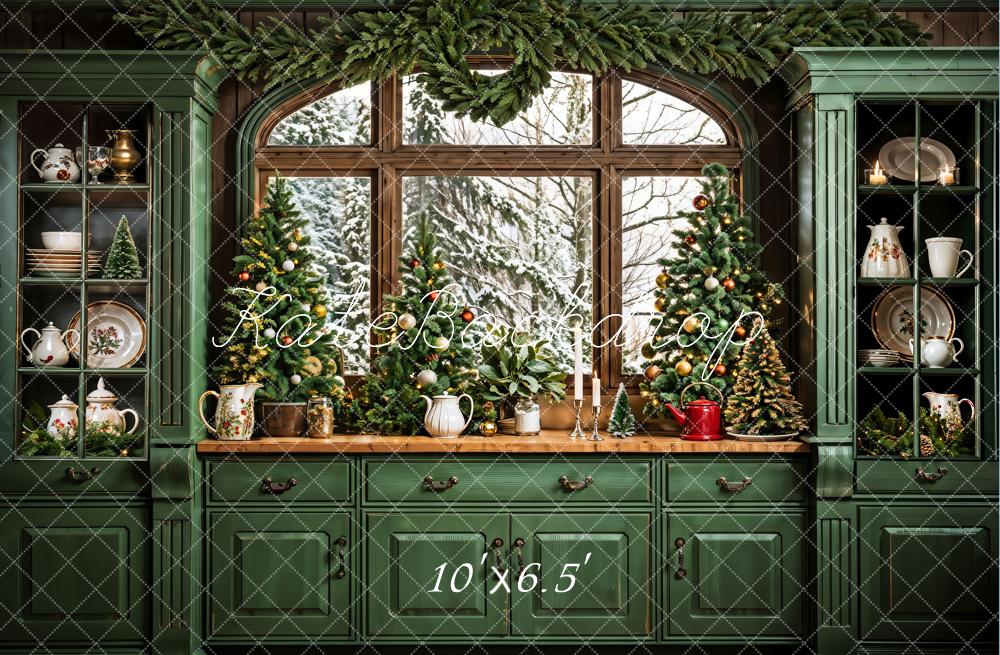 Kate Christmas Dark Green Retro Kitchen Backdrop Designed by Emetselch