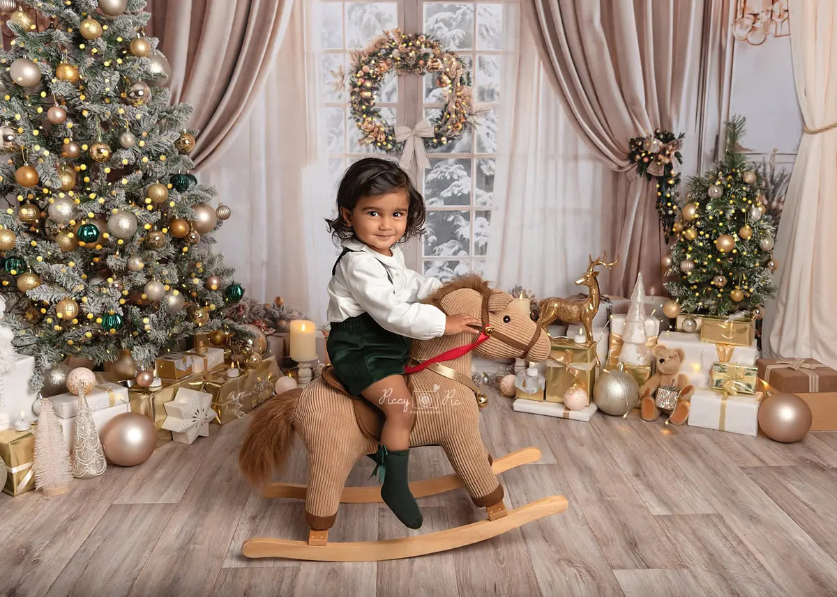 Kate Christmas Beige Curtain White Framed Window Backdrop Designed by Emetselch