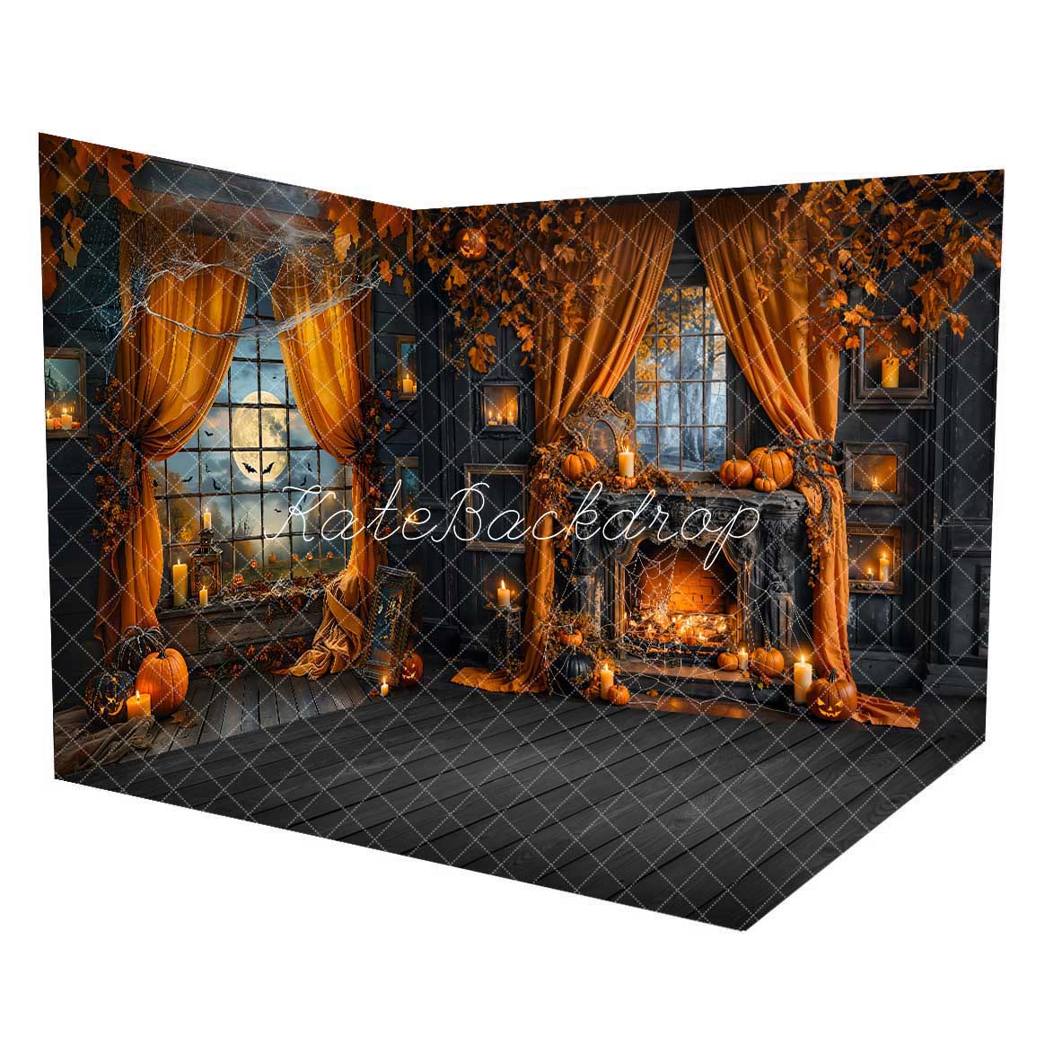 Halloween Night Bat Orange Curtain Black Framed Window Room Set