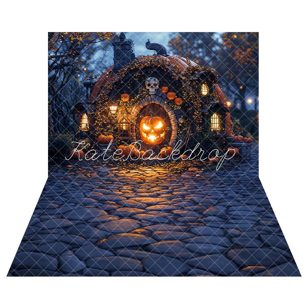 Kate Halloween Dark Forest Magical Pumpkin House Backdrop+Kate Dark Stone Path Floor Backdrop