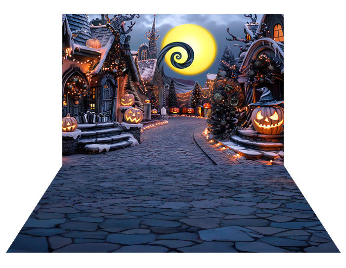 Kate Halloween Pumpkin Big Moon Dark Town Street Backdrop+Kate Dark Blue Cobblestone Rubber Floor Mat Backdrop