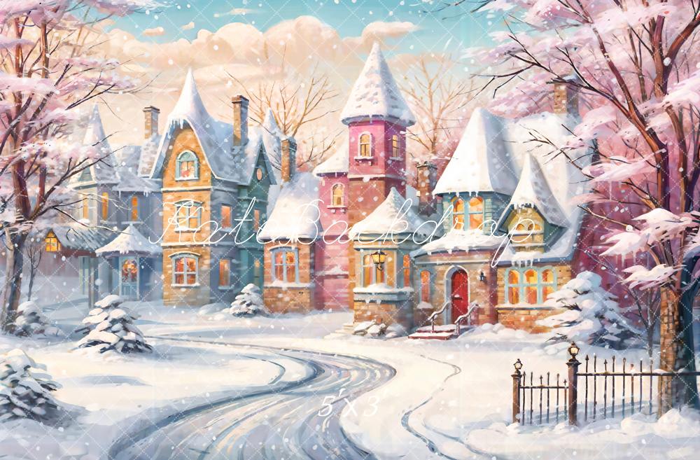 Fondo Colorido de Casa con Árboles de Flores Rosadas de Navidad al Aire Libre Diseñado por GQ