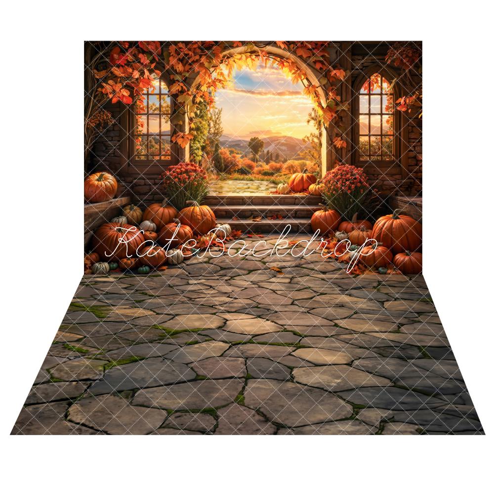 Fondo de arco de calabaza del bosque al atardecer de otoño + fondo de piso de piedra marrón