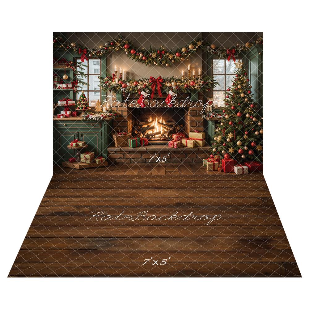 Kate Christmas Green Kitchen Fireplace Cabinets Backdrop+Dark Brown Wooden Floor Backdrop