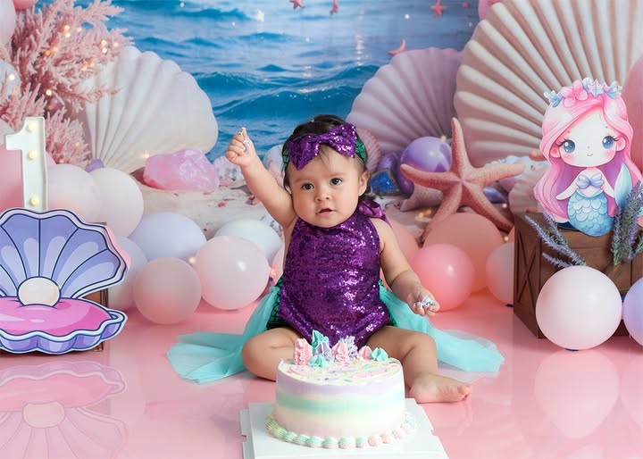 Kate Beach Pink Balloon Arch Purple Curtains Backdrop Designed by Emetselch