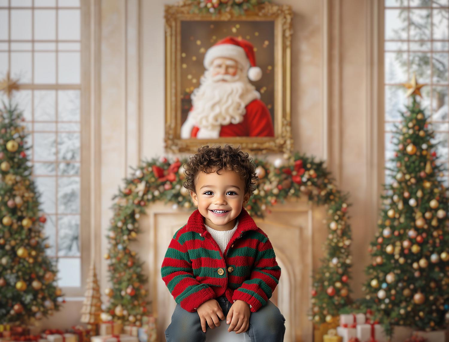 Retrato de Santa Claus junto a un árbol de Navidad y chimenea decorados en un fondo de ventana vintage Diseñado por Emetselch