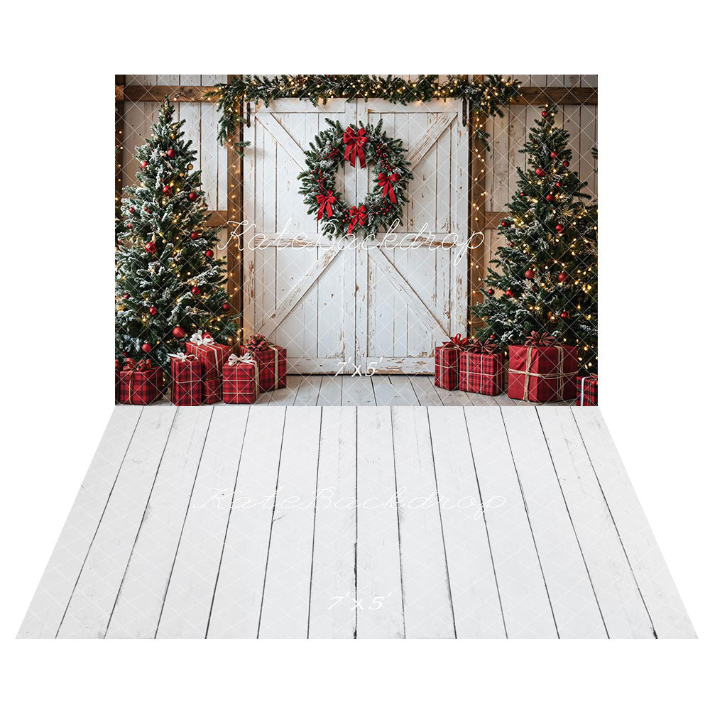 Kate Christmas Trees White Door Gifts Backdrop+Cream Wood Floor Backdrop