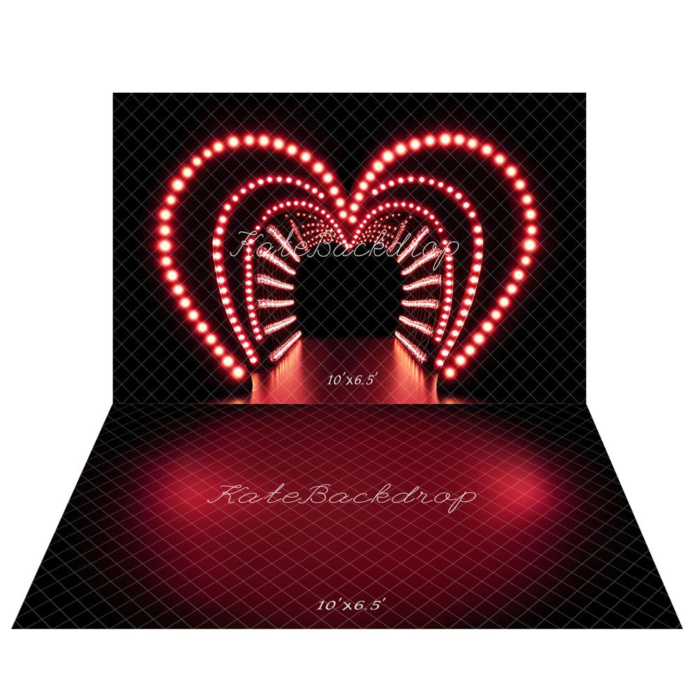 Kate Valentine's Day Heart Tunnel Light Backdrop+Kate Red Gradient Abstract Texture Floor Backdrop