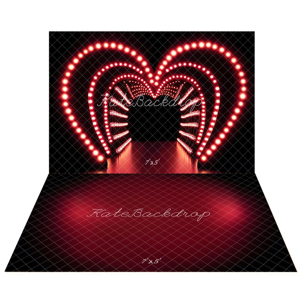 Kate Valentine's Day Heart Tunnel Light Backdrop+Kate Red Gradient Abstract Texture Floor Backdrop
