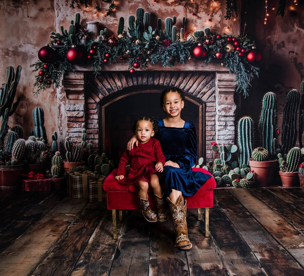 Retro Wand Kerst Cactus Haard Foto Achtergrond Designed by Emetselch