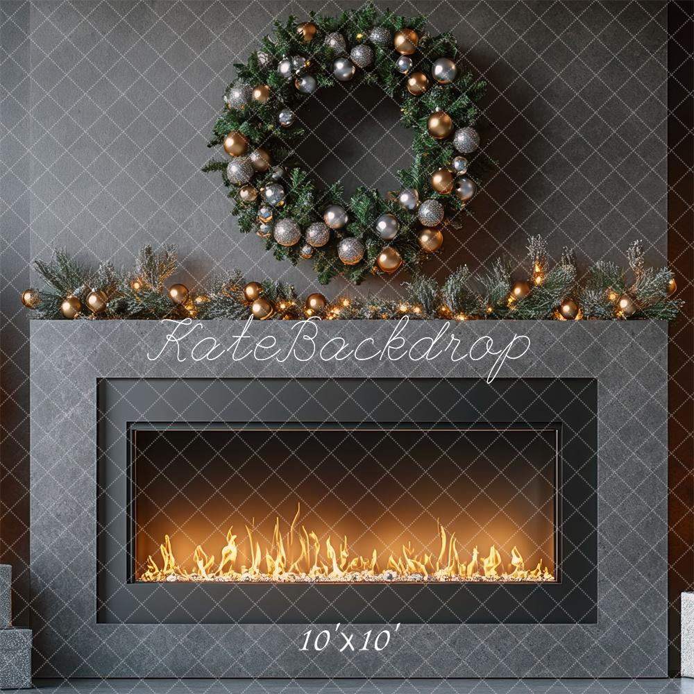 Kate Christmas Luxury Gray Fireplace Backdrop Designed by Mini MakeBelieve