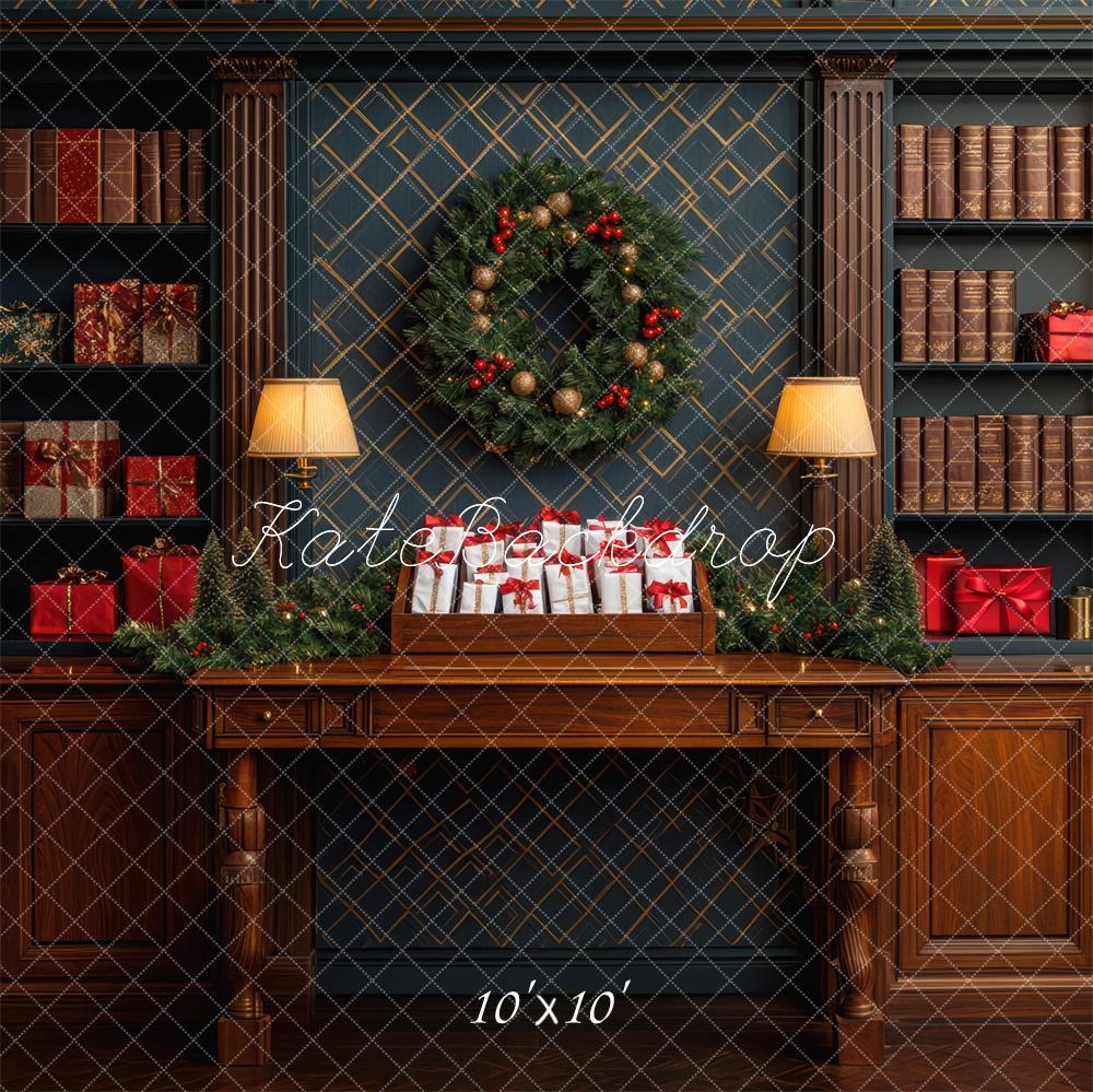 Kate Christmas Retro Dark Brown Library Wreath Backdrop Designed by Mini MakeBelieve