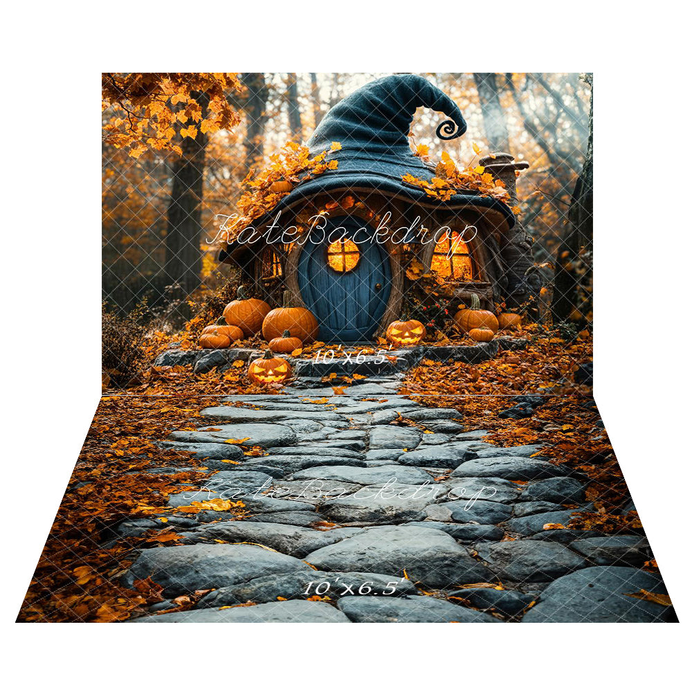 Halloween Pompoen Heksenhoed Cottage Foto Achtergrond+Herfst Klinkerpad Vloer Foto Achtergrond