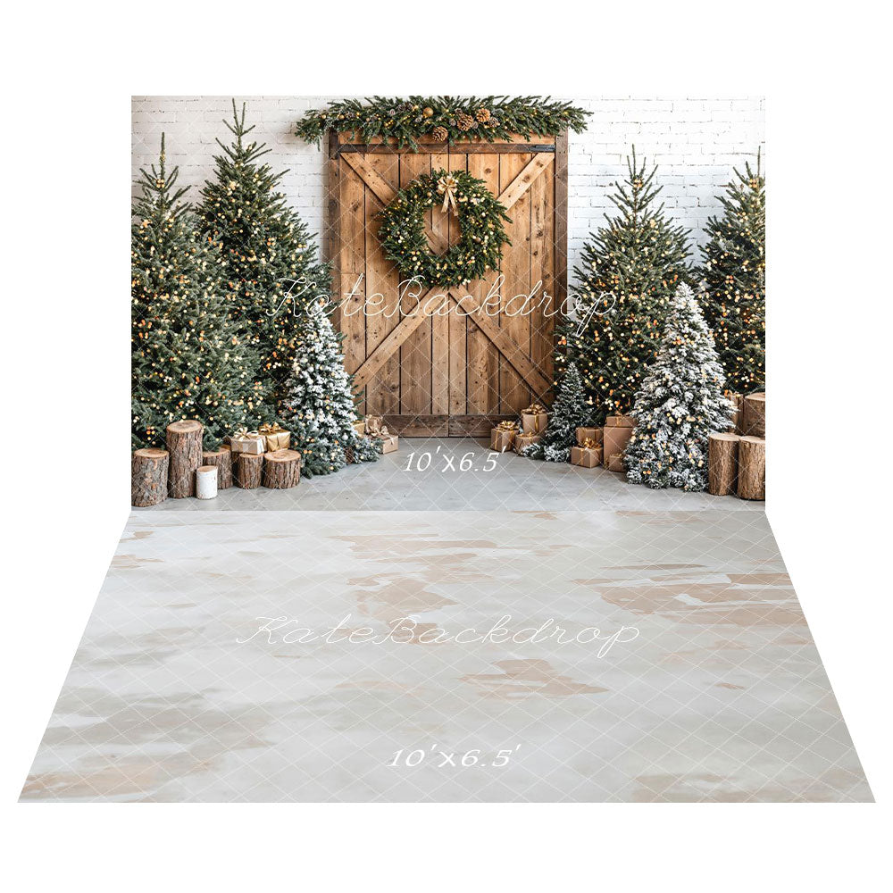 Kate Christmas Tree Barn Door Backdrop+Retro White Brown Marble Floor Backdrop