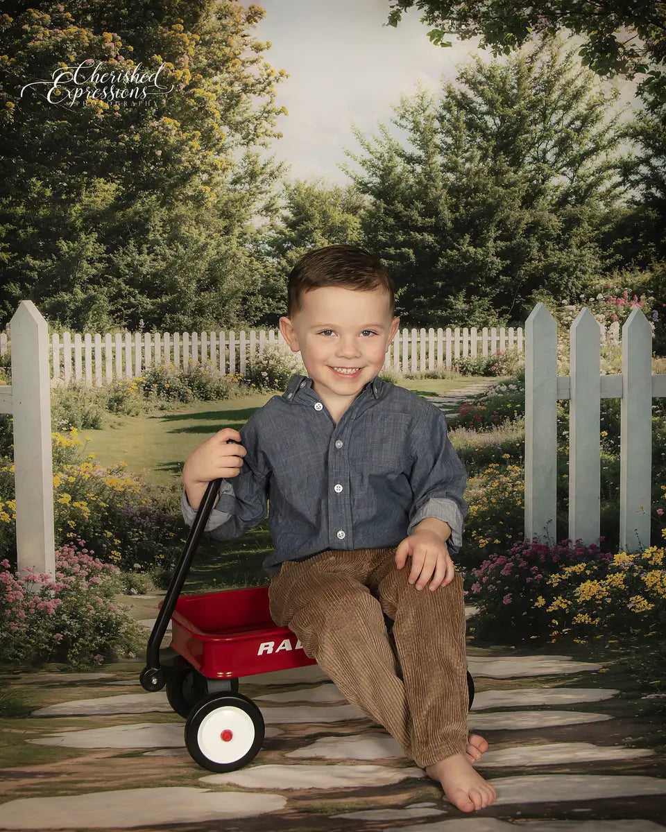 Kate Spring White Fence Path Floral Garden Backdrop Designed by Emetselch