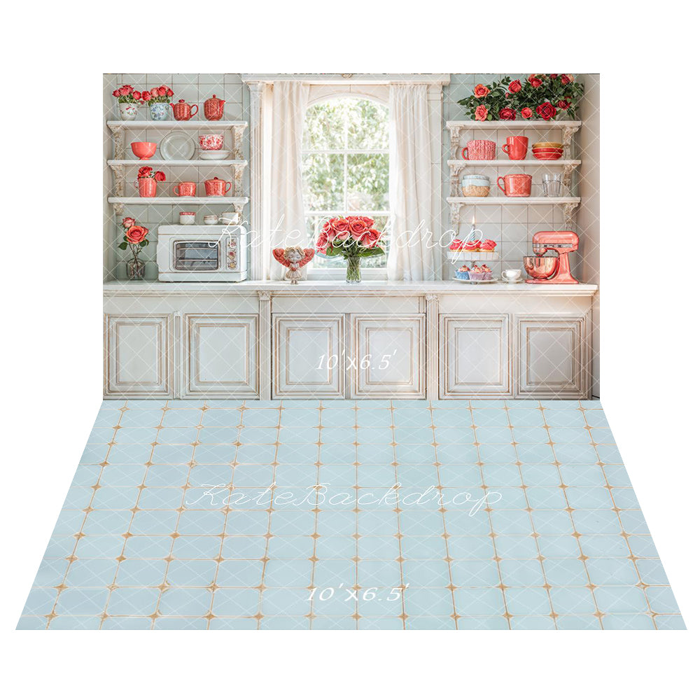 Gabinetes de Cocina Vintage Románticos Fondo Floral+Fondo de Piso con Patrón de Azulejos Azules