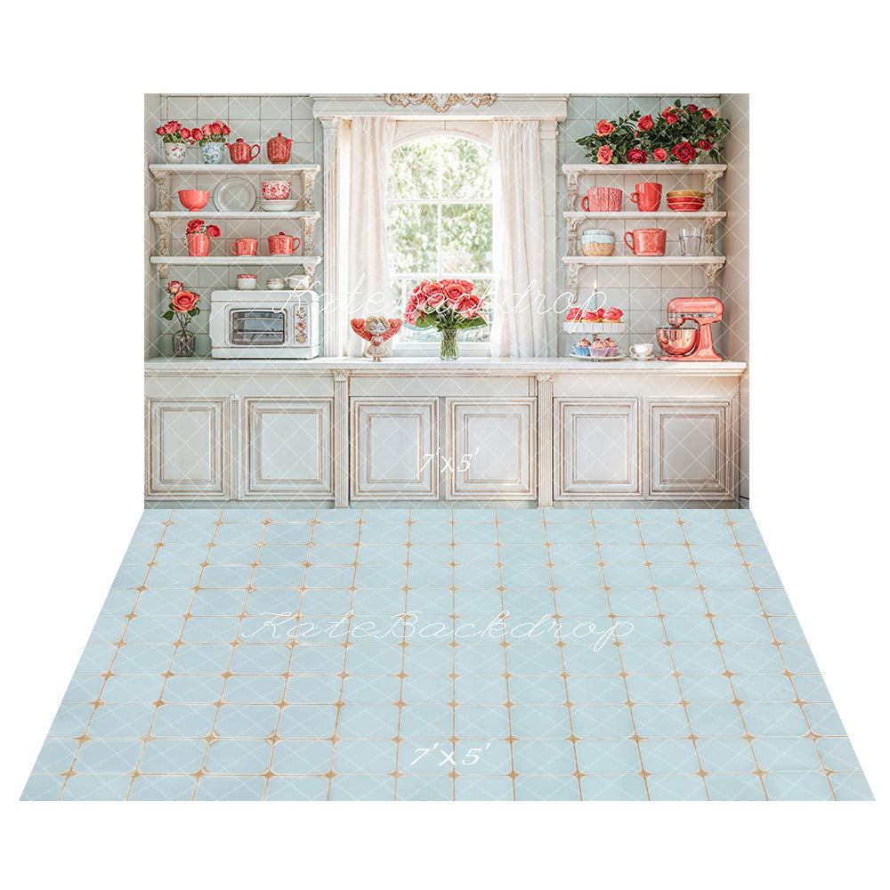 Gabinetes de Cocina Vintage Románticos Fondo Floral+Fondo de Piso con Patrón de Azulejos Azules