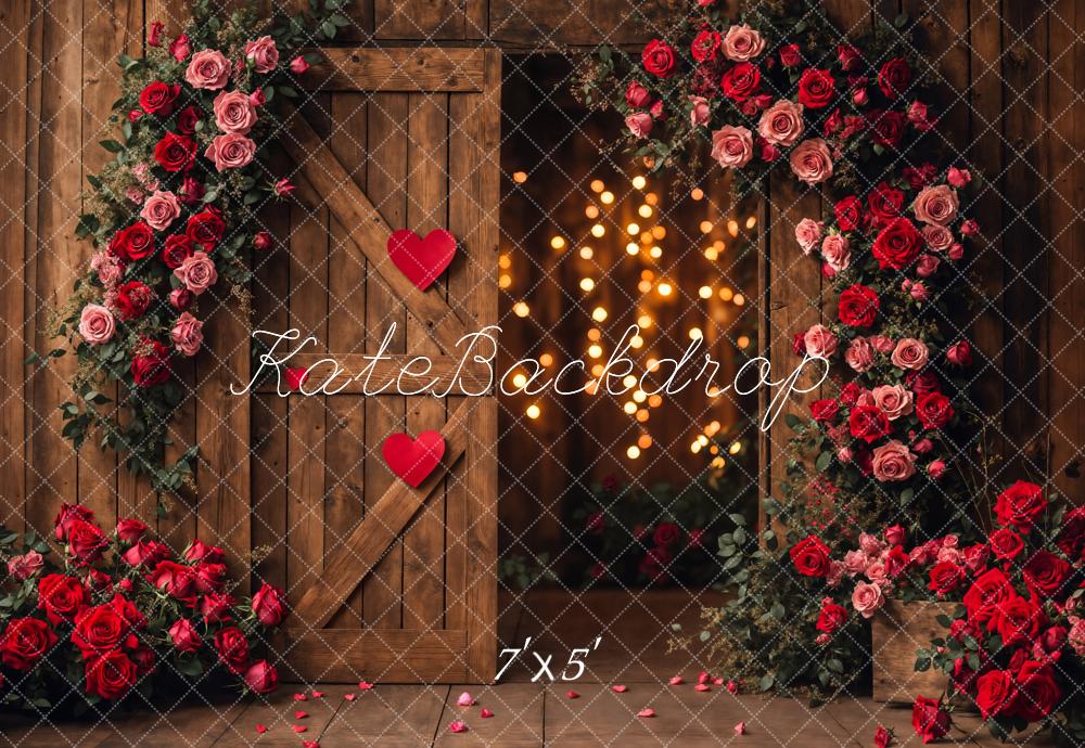 Kate Valentine's Day Red Heart Flower Arch Barn Door Backdrop Designed by Emetselch