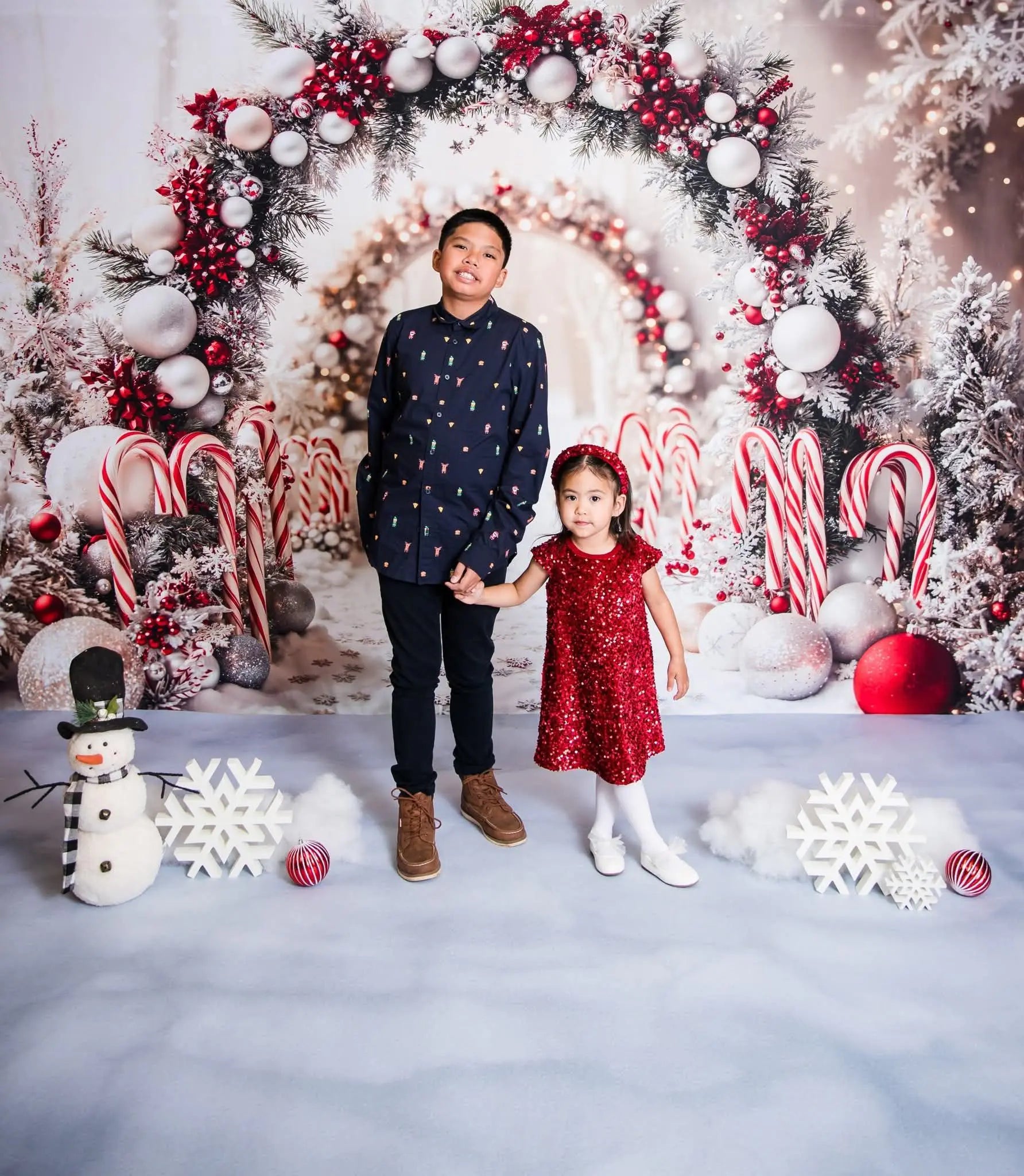 Kate Christmas Candy Cane Arch Snow Printed Backdrop Designed by Emetselch
