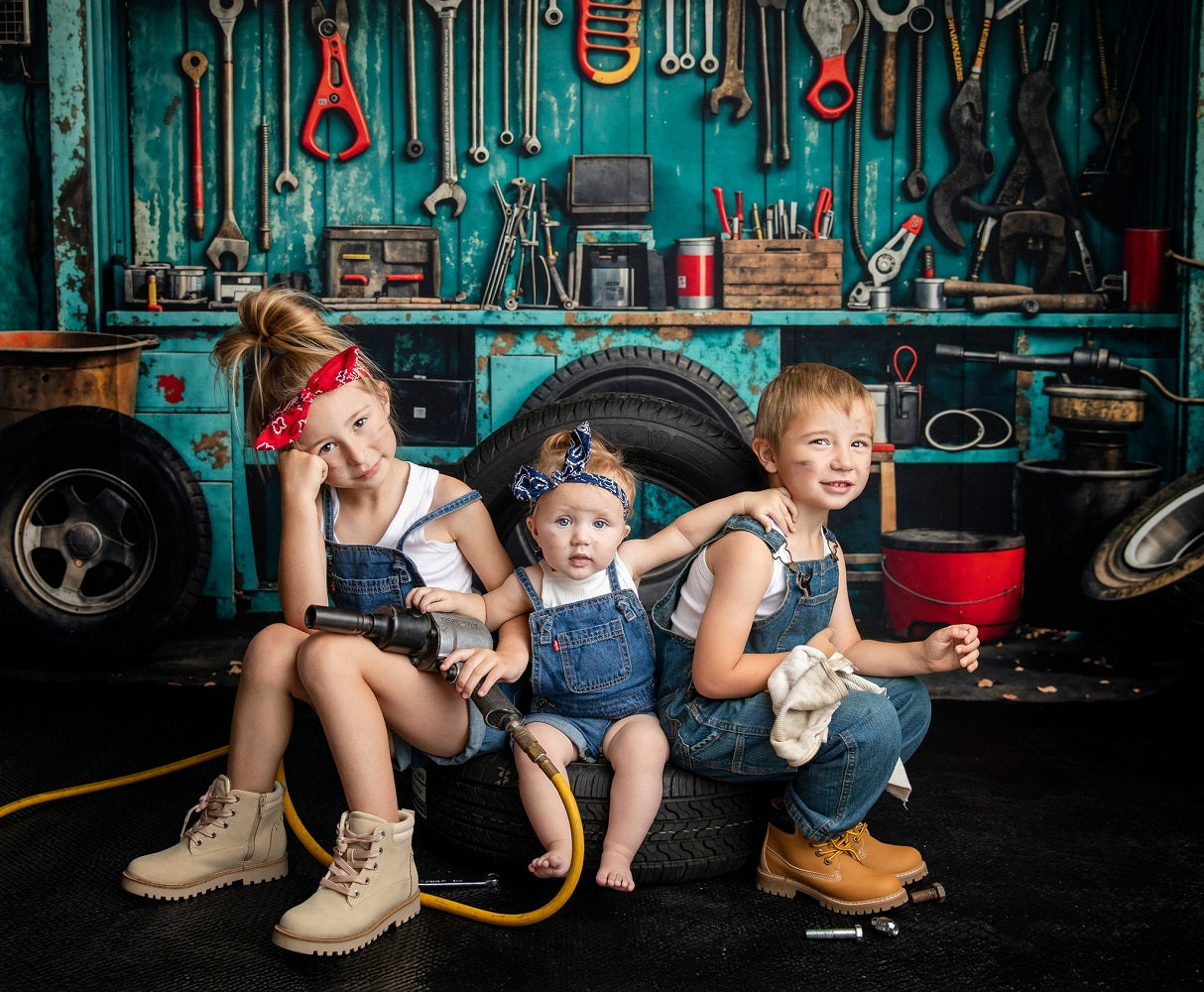 Kate Industrial Vintage Garage Tools Tire Backdrop Designed by Emetselch