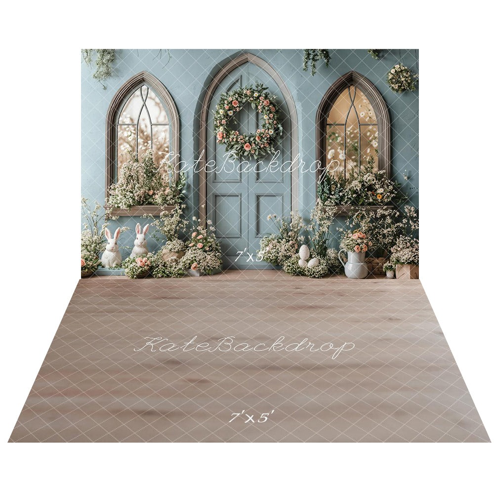 Kate Easter Bunny Floral Blue Door Backdrop+Neutral Wood Floor Backdrop