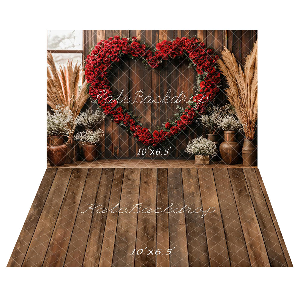 Valentine Hart Roos Rustic Boho Foto Achtergrond+Brown Old Wooden Floor Backdrop