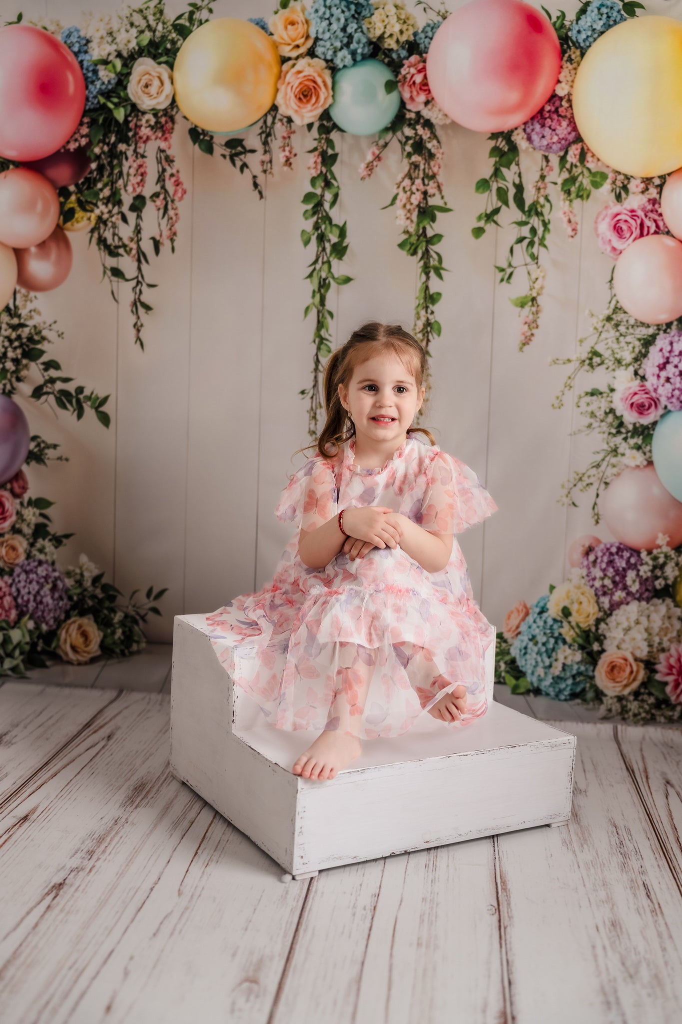 Kate Spring Floral Balloon Arch White Printed Backdrop Designed by Emetselch