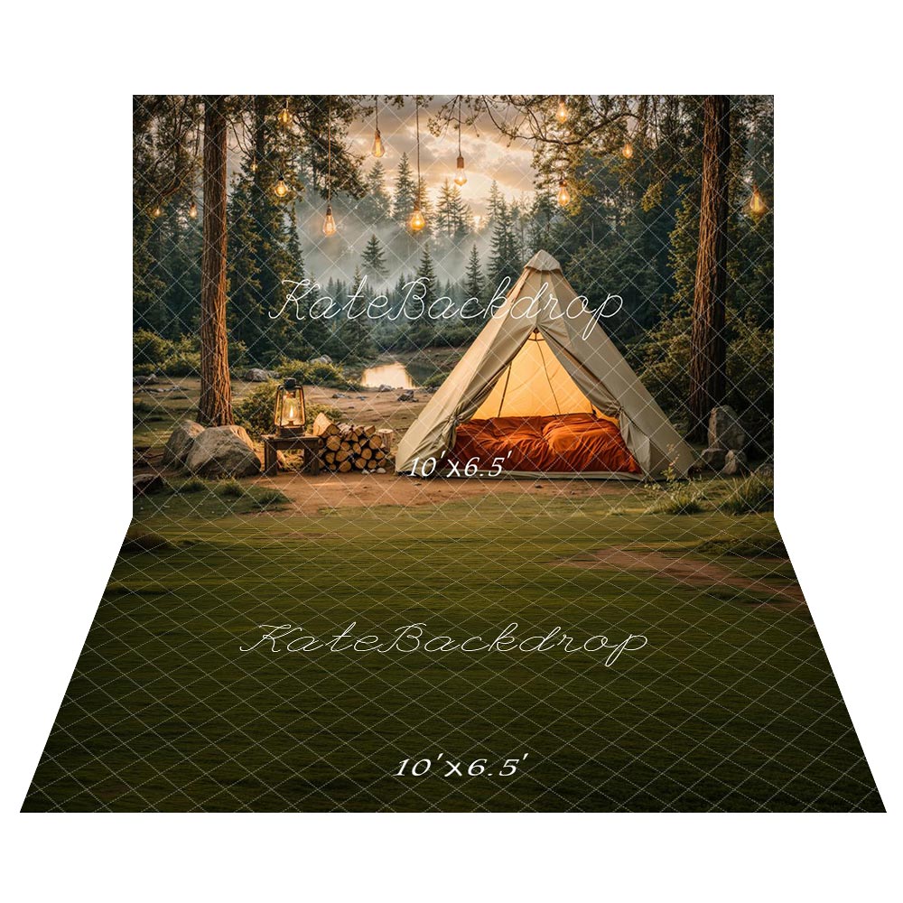 Kate Camping Forest Tent Lights Backdrop+Green Field Floor Backdrop
