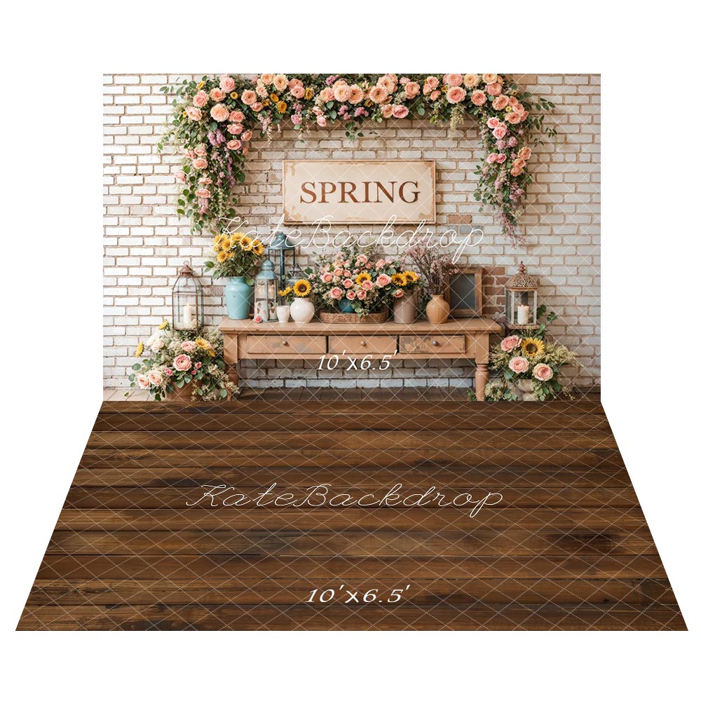 Spring Floral Vintage Bakstenen Muur Foto Achtergrond+Brown Wooden Floor Backdrop