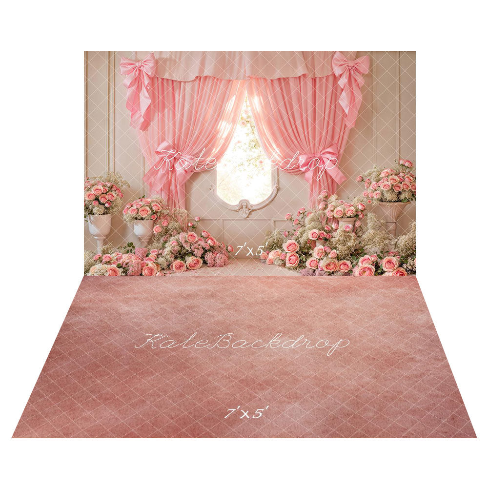 Cake Smash Pink Floral Curtain Bow Foto Achtergrond+Pink and White Gradient Floor Backdrop
