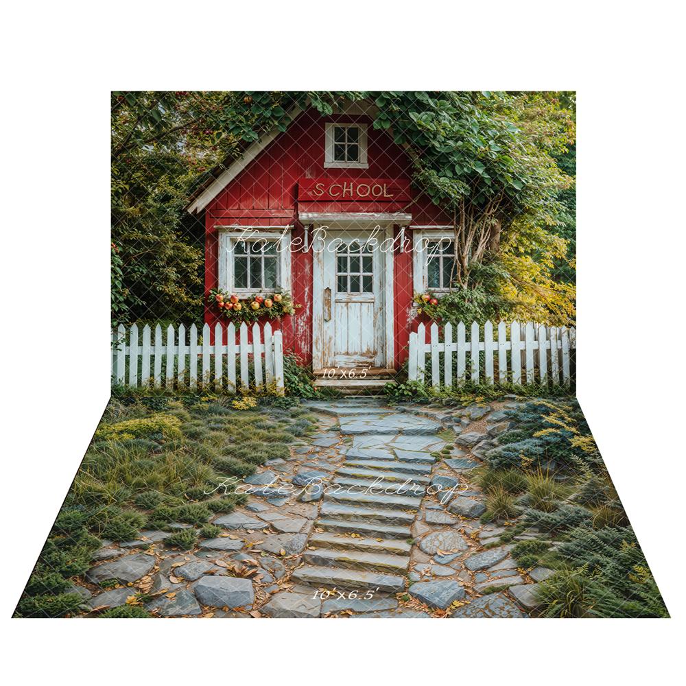 Kate Back to School Red Cottage Backdrop+Stairs Stone Path Grass Floor Backdrop