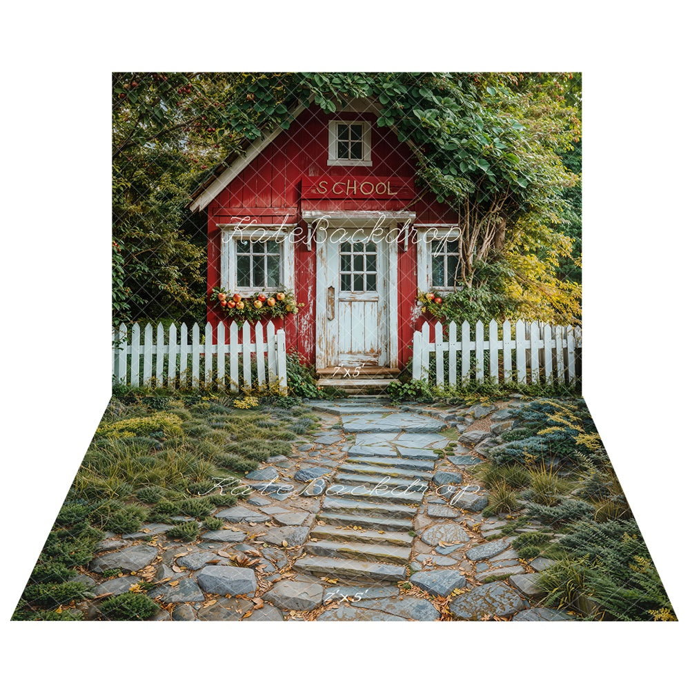 Kate Back to School Red Cottage Backdrop+Stairs Stone Path Grass Floor Backdrop