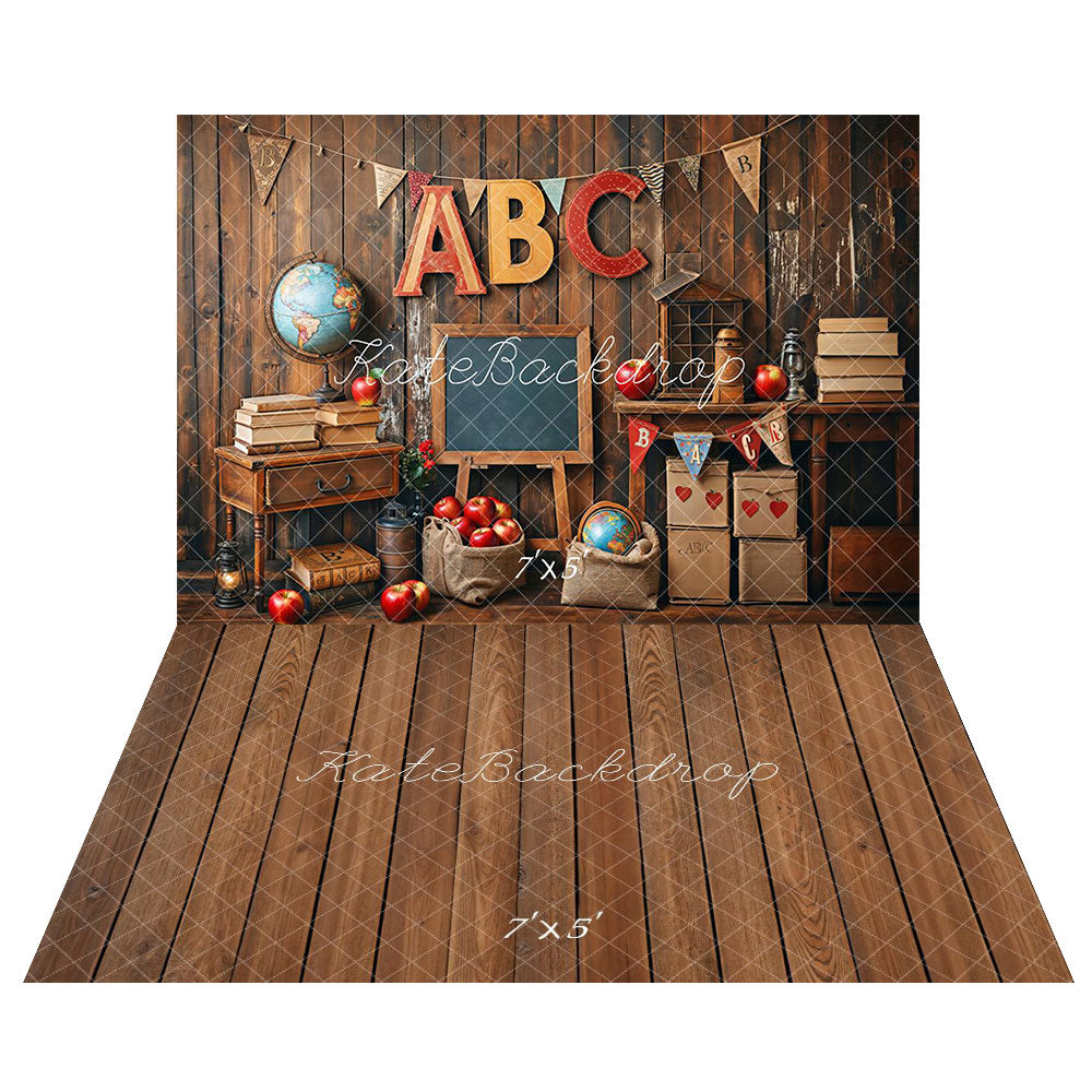 Kate Back to School Globe Vintage Wooden Backdrop+Rustic Wood Panel Floor Backdrop
